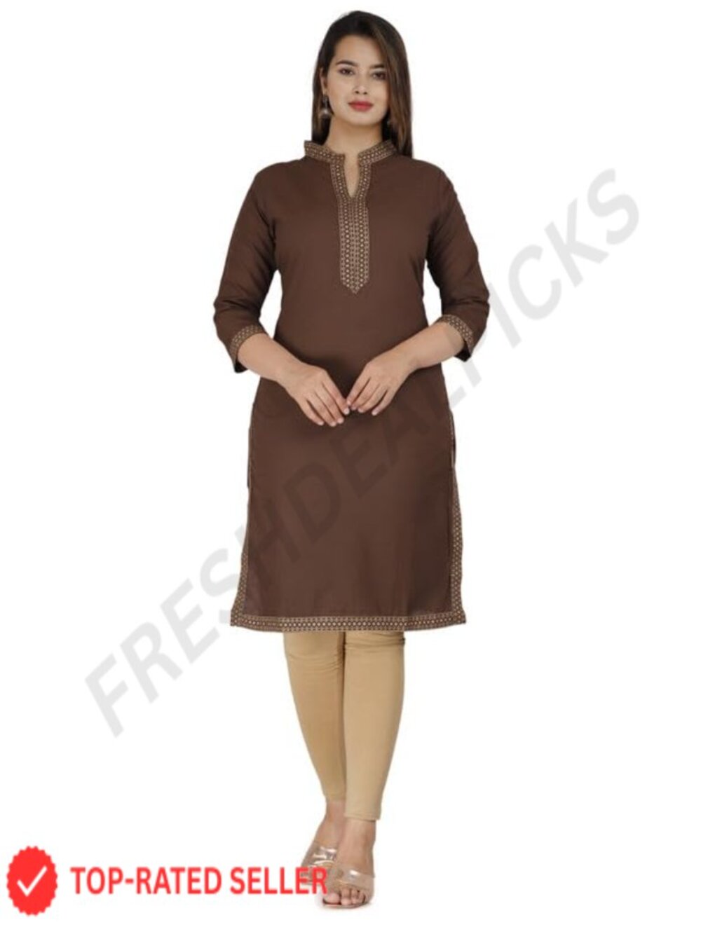 Cotton Printed Kurti Tunic 3/4 Sleeve V-Neck Ethnic Top Women